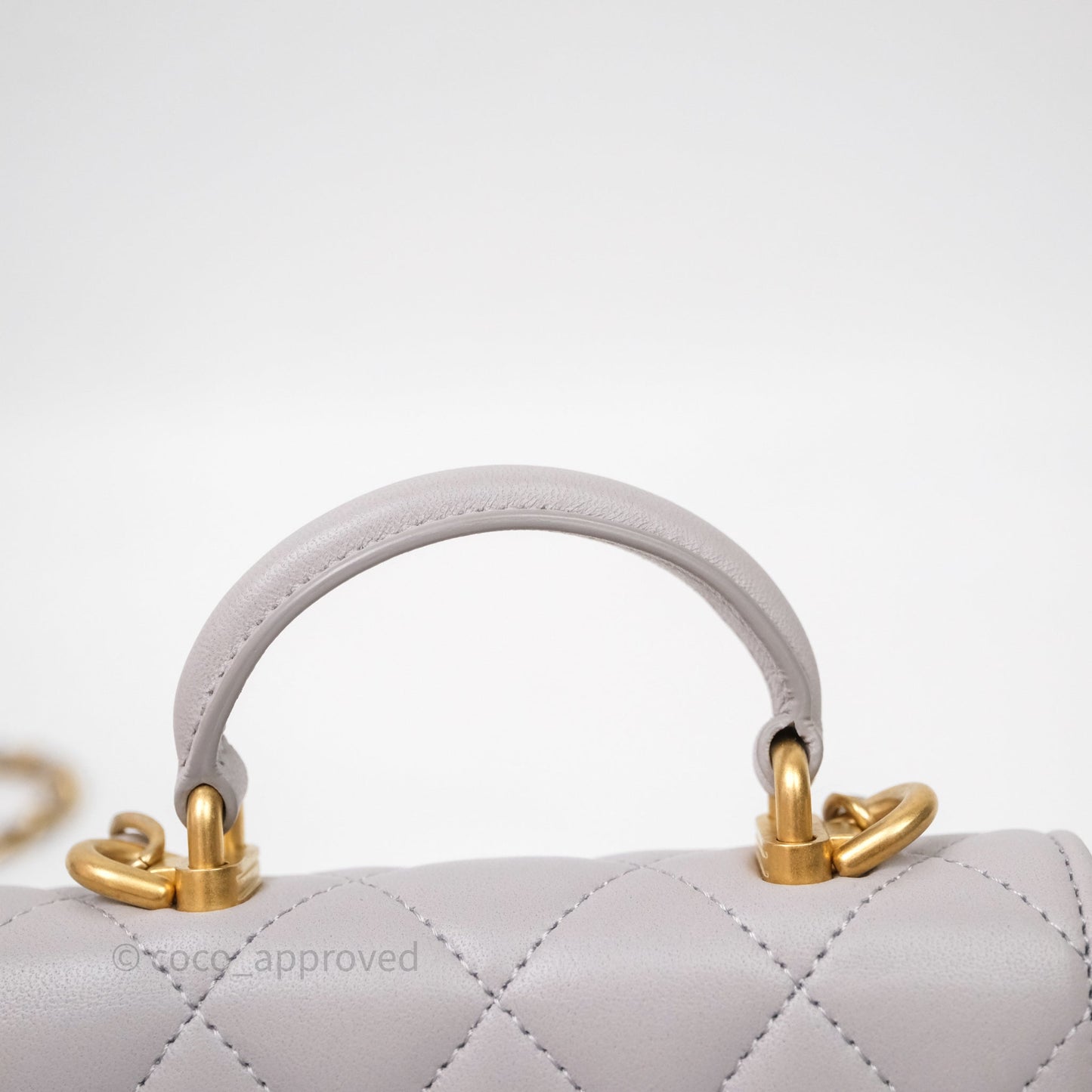 Chanel Mini Handle Flap Coin Purse With Chain Grey Lambskin Aged Gold Hardware
