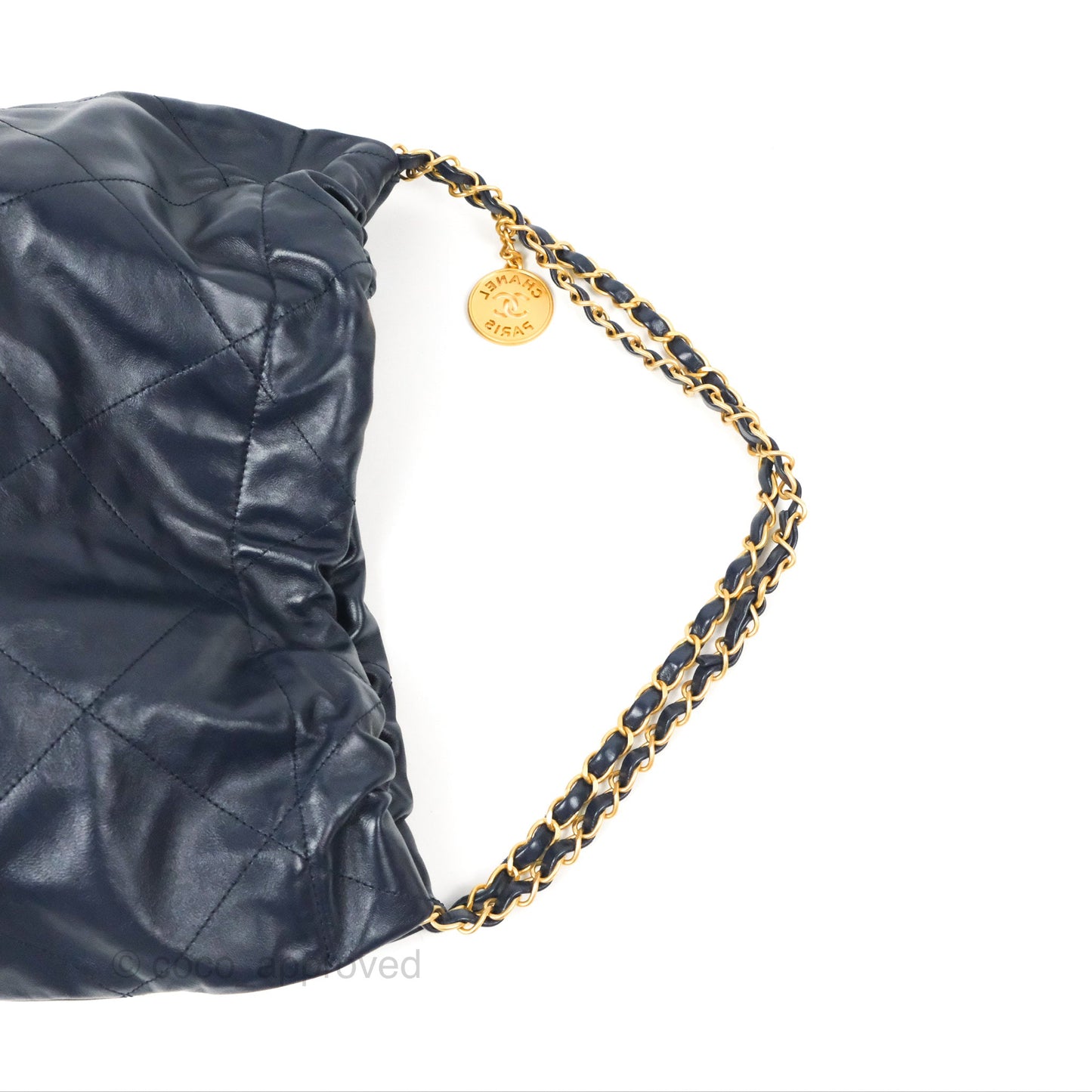 Chanel 22 Medium Navy Shiny Calfskin Aged Gold Hardware