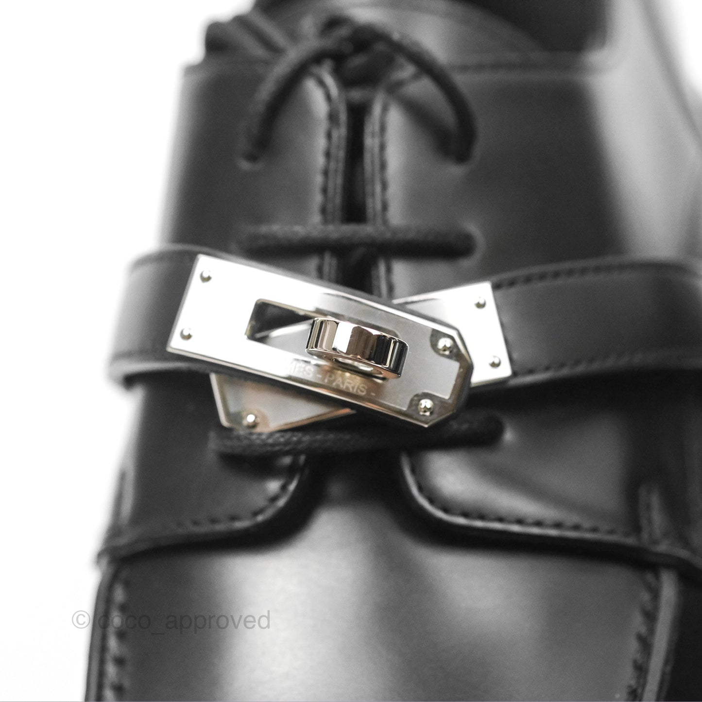 Hermes First Derby Shoe Black Glazed Calfskin Palladium Hardware