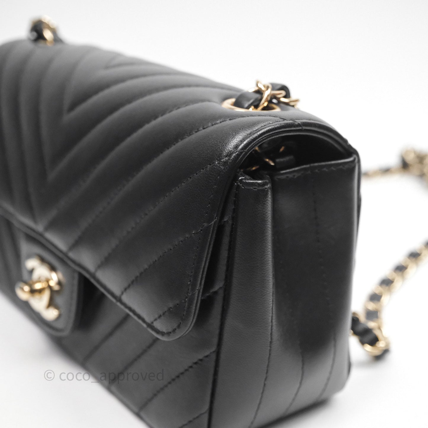 Chanel Quilted Mini Rectangular Chevron Black Lambskin Gold Hardware