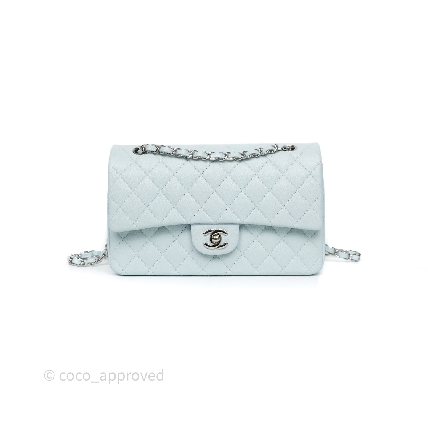 Chanel Classic M/L Medium Flap Quilted Light Blue Caviar Silver Hardware 21K
