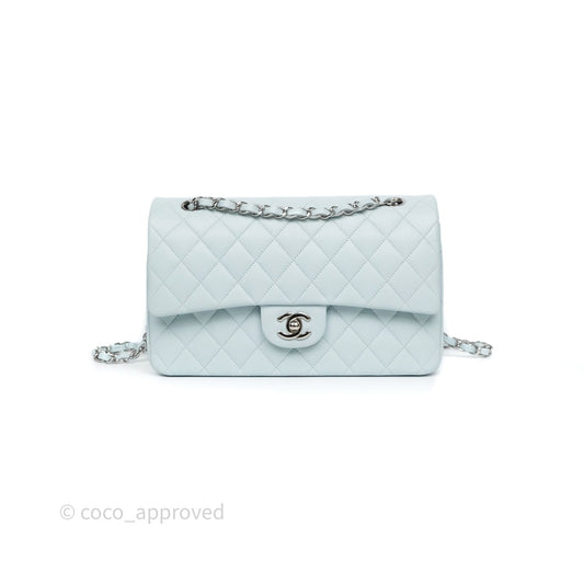 Chanel Classic M/L Medium Flap Quilted Light Blue Caviar Silver Hardware 21K