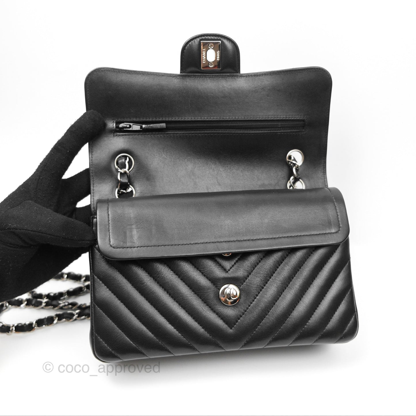 Chanel Small Classic Chevron Flap Black Lambskin Silver Hardware