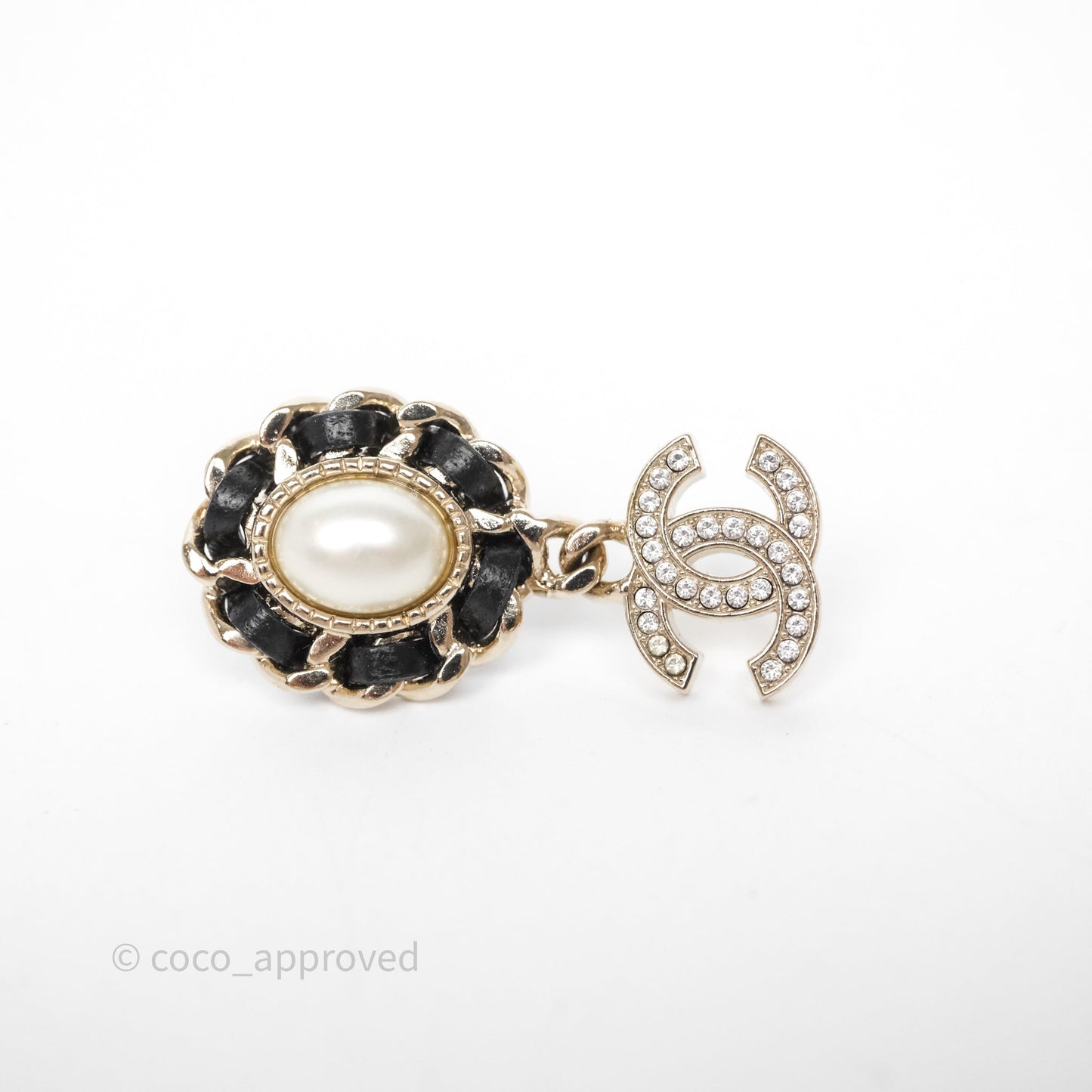 Chanel Oval Pearl Braided Black Leather Drop Crystal CC Earrings Gold Tone 21B