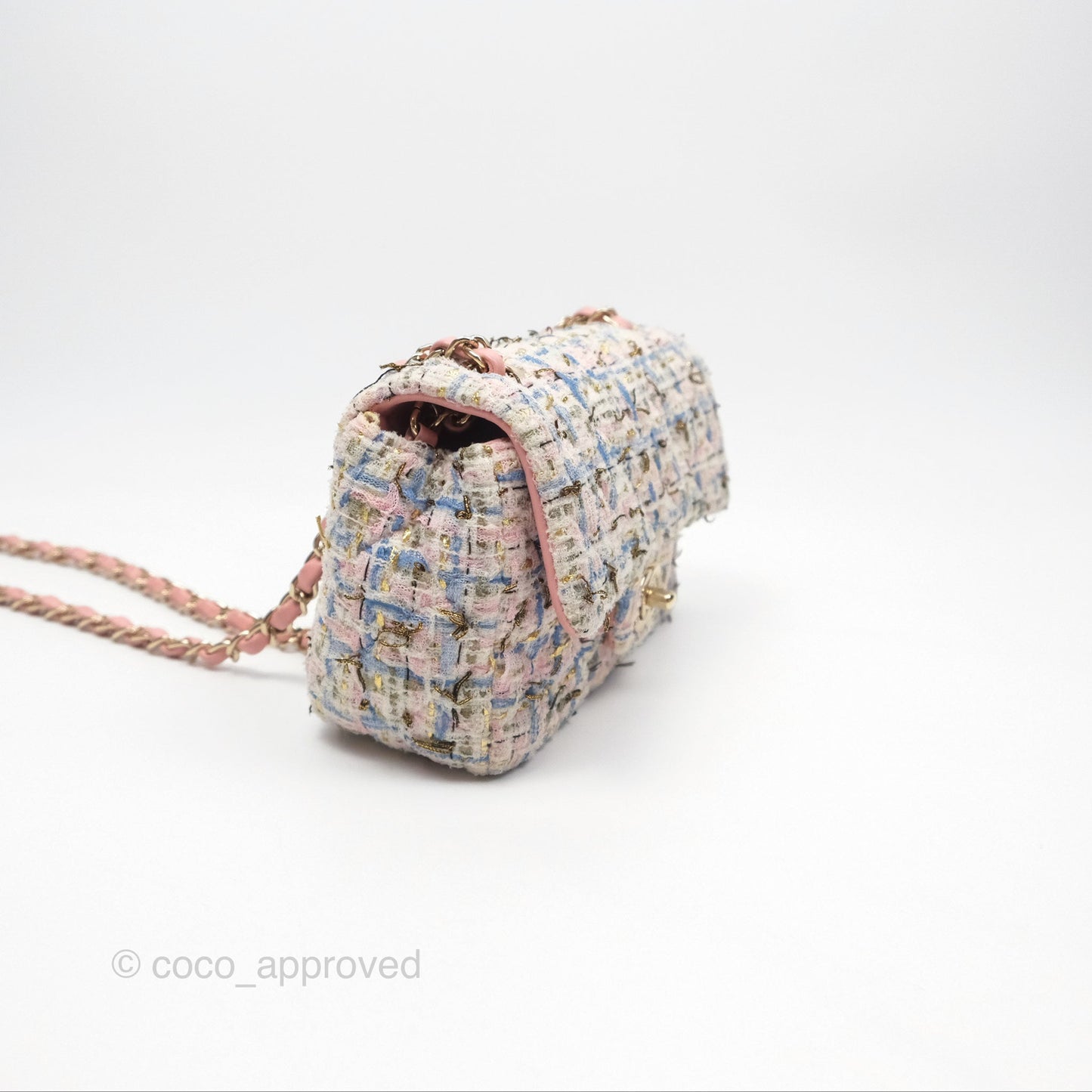 Chanel Mini Rectangular Flap Pink/ Blue/ Gold Tweed Gold Hardware