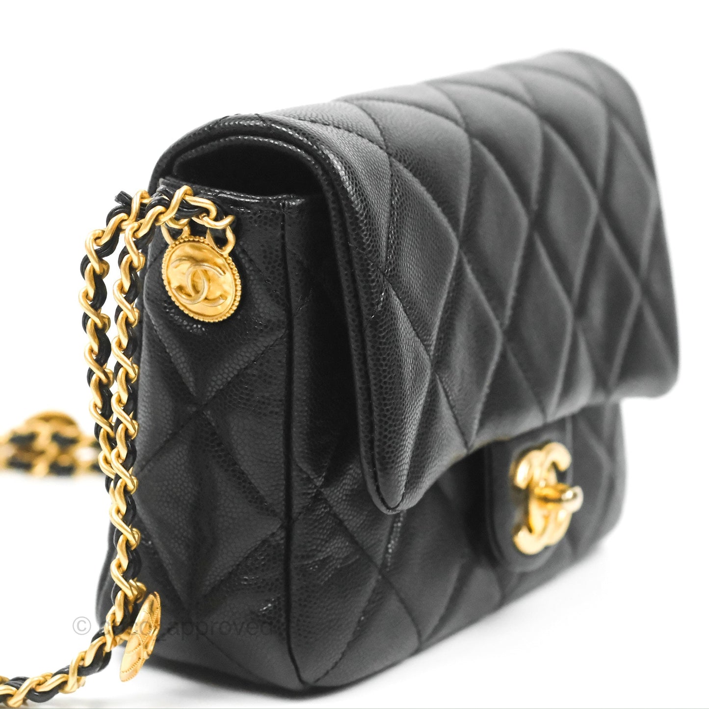 Chanel Small Flap with Coin Charm Black Caviar Aged Gold Hardware 22A