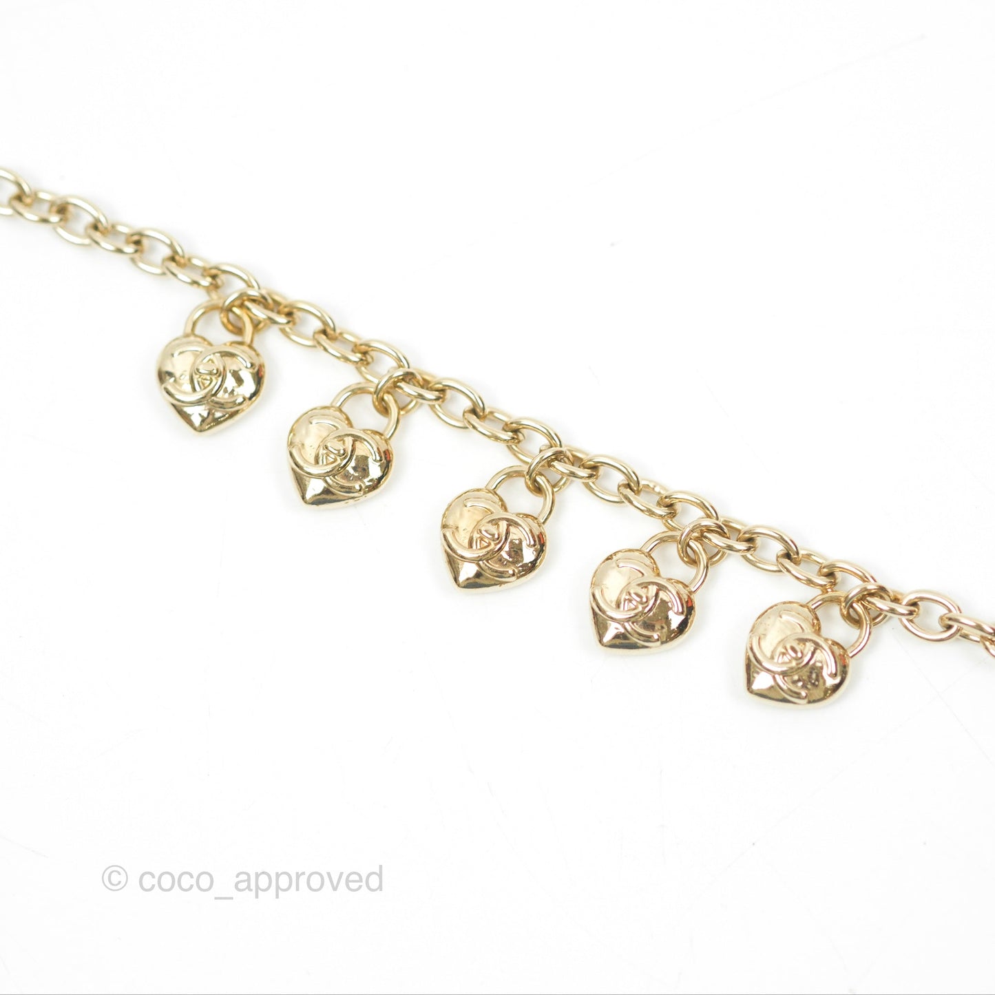 Chanel CC Heart Padlock Charms Chain Bracelet Gold Tone 22B