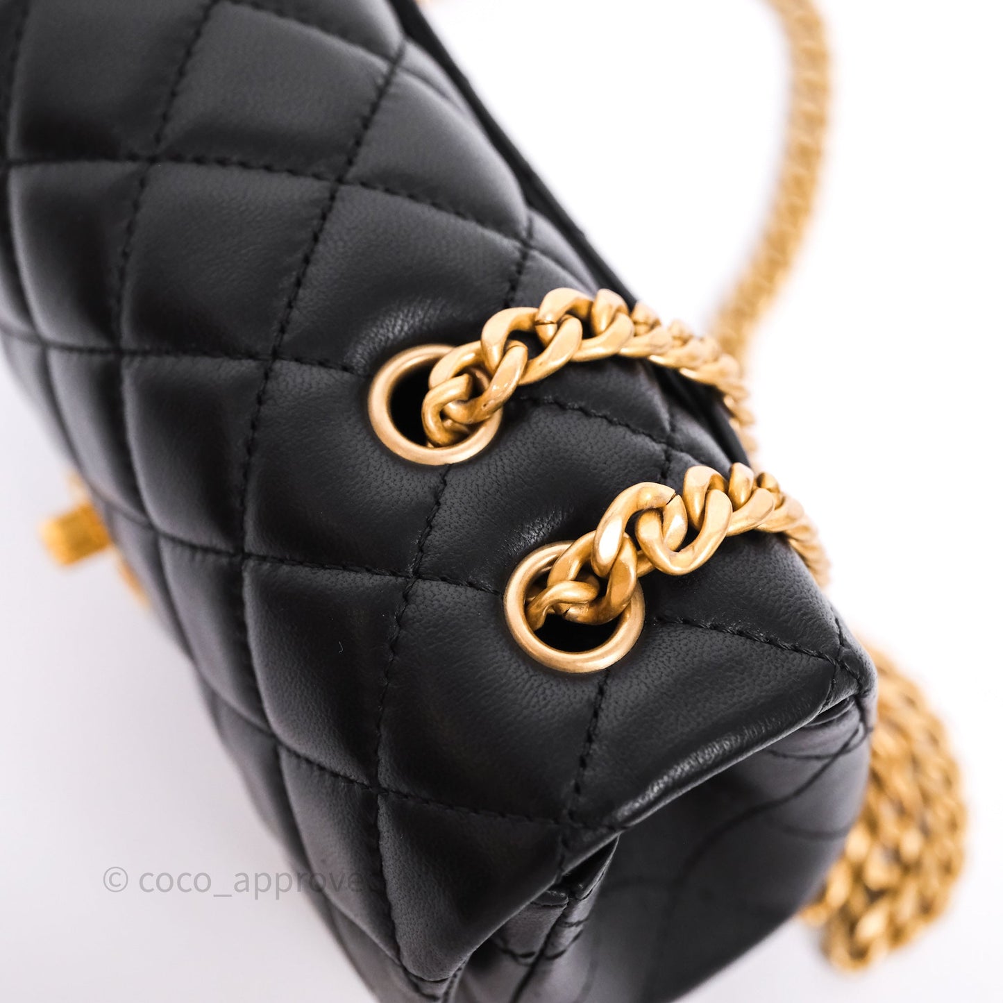 Chanel Mini Rectangular Flap with Camellia Adjustable Chain Black Lambskin Aged Gold Hardware
