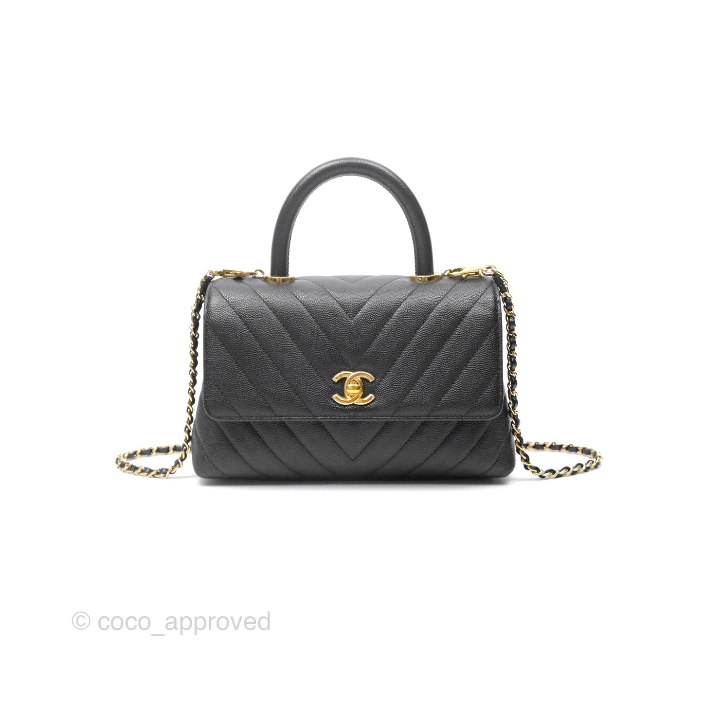Chanel Mini Coco Handle Chevron Black Caviar Gold Hardware