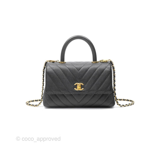 Chanel Mini Coco Handle Chevron Black Caviar Gold Hardware