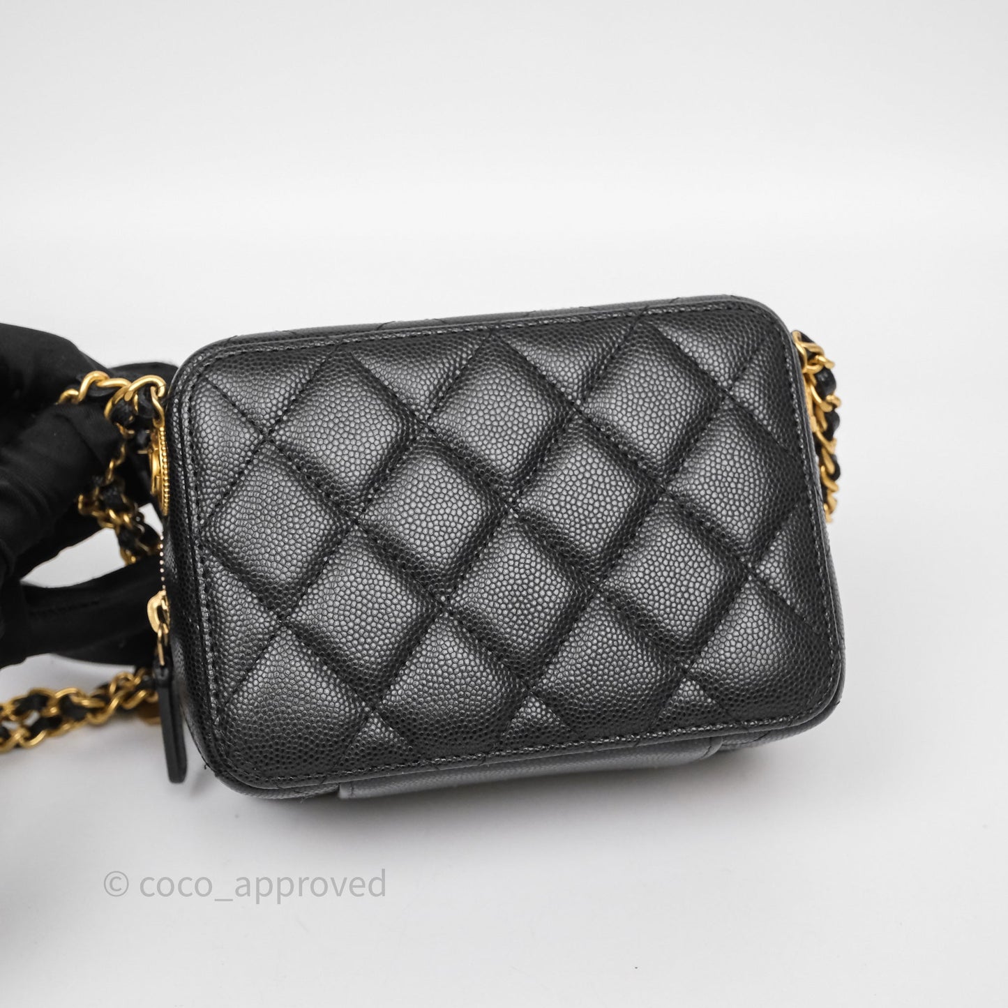 Chanel Quilted CC Coins Purse Chain Camera Case Black Caviar Aged Gold Hardware