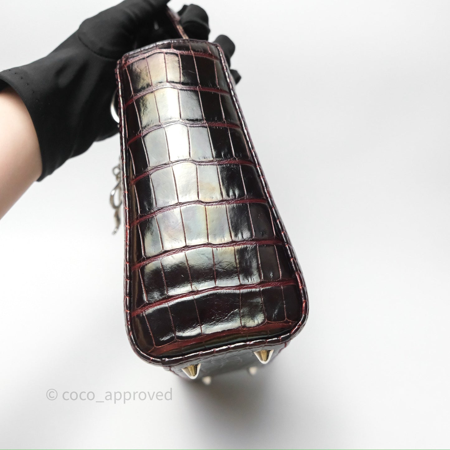 Christian Dior Small Lady Dior Shiny Crocodile Burgundy Diamond Hardware