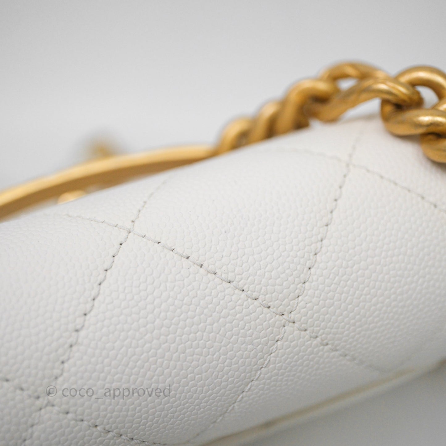 Chanel Bracelet On Chain Small Flap Bag White Caviar Aged Gold Hardware