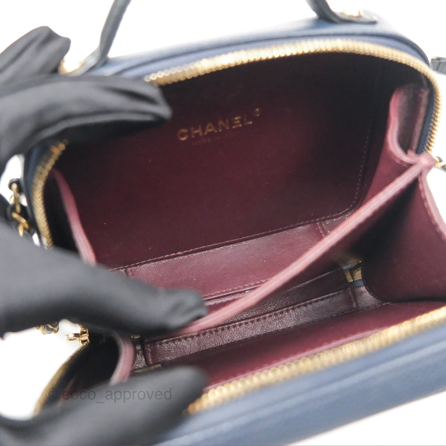 Chanel Quilted Small CC Filigree Vanity Case Navy Black Caviar Gold Hardware