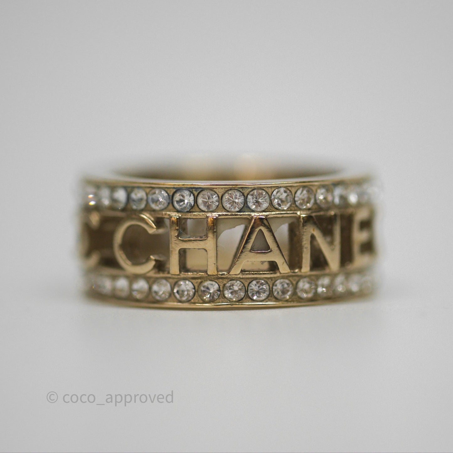 Chanel Crystal Logo Ring Gold Tone 20B