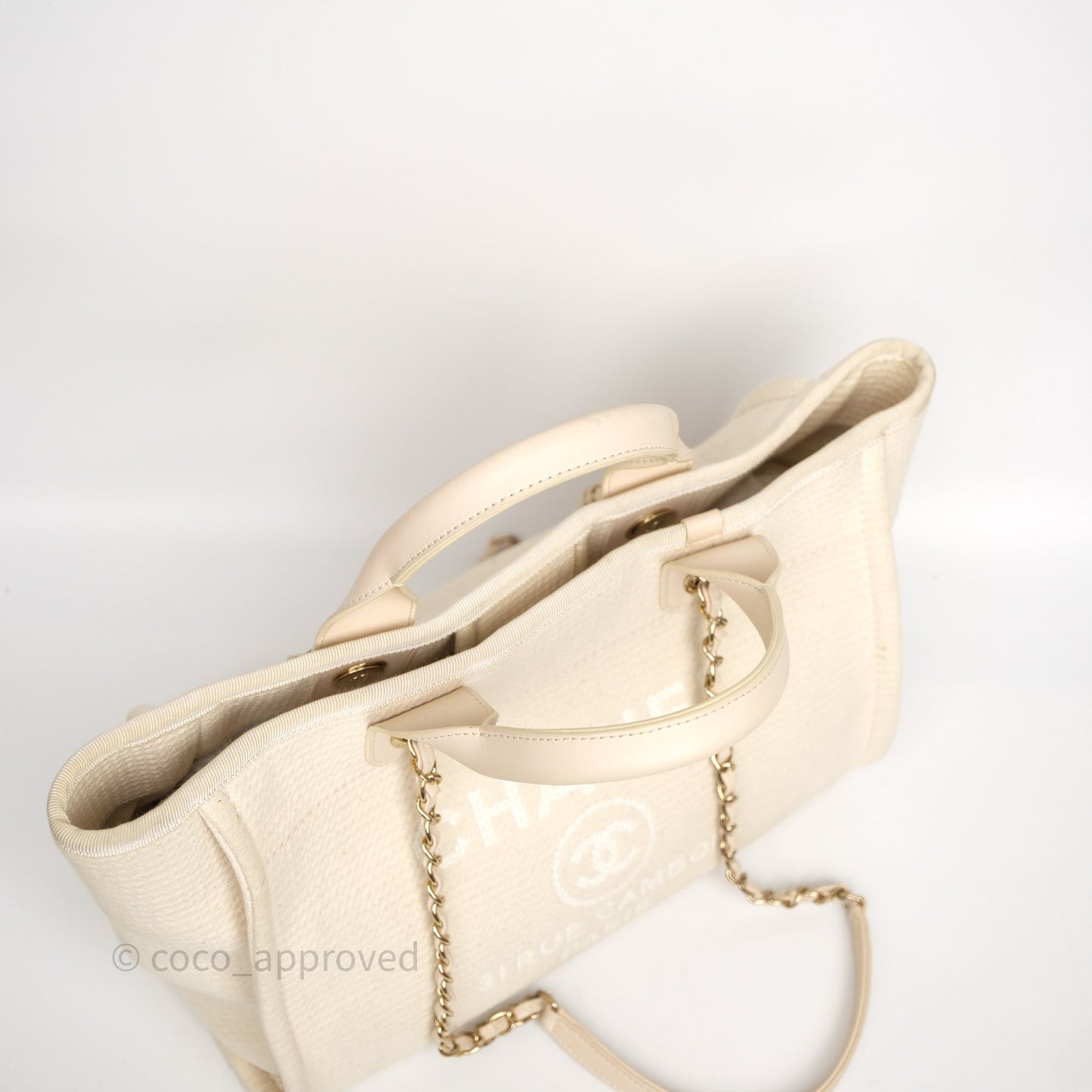 Chanel New Small Deauville Cream Ivory Canvas Light Gold Hardware