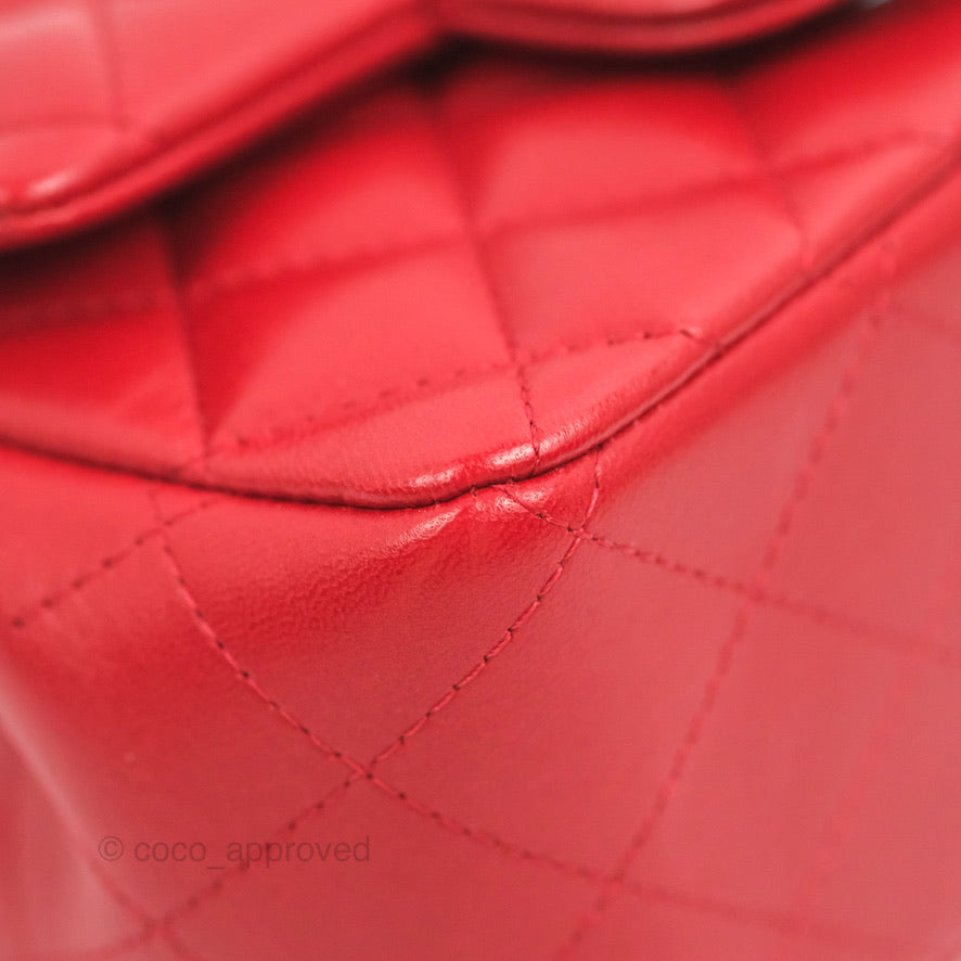 Chanel Quilted Mini Square Red Lambskin Gun Metal