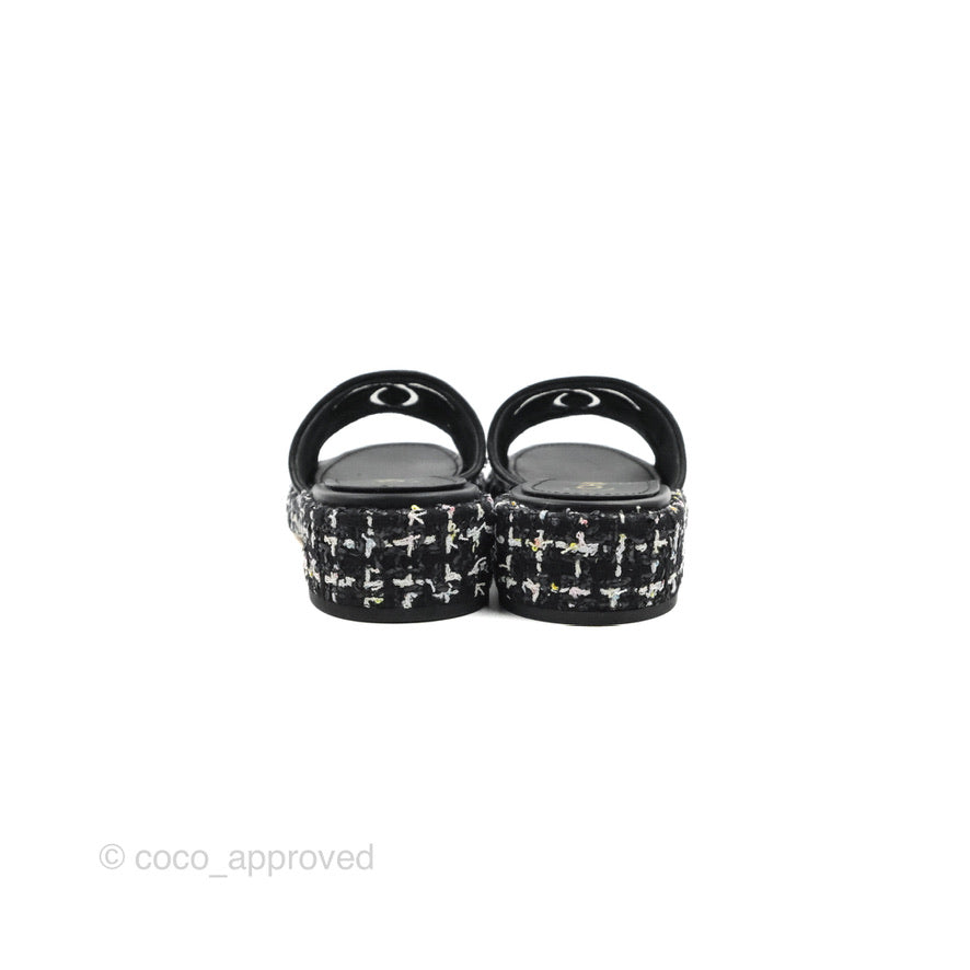 Chanel CC Sandals Black Tweed Size 35