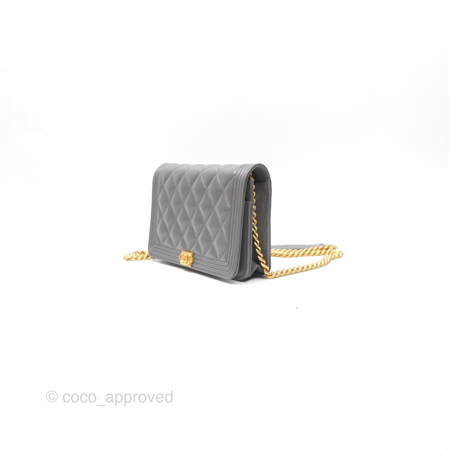 Chanel Quilted Boy Wallet on Chain WOC Grey Caviar Aged Gold Hardware