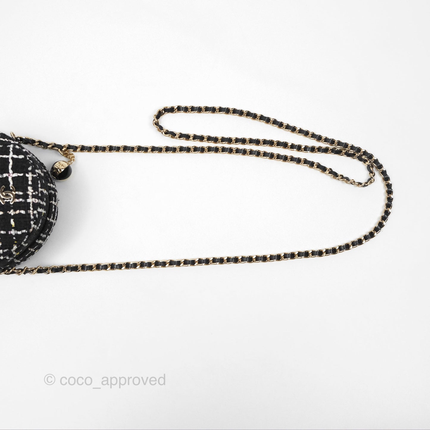 Chanel Classic Quilted Round Clutch With Chain Black Tweed Gold Hardware