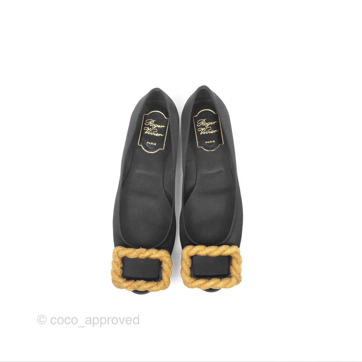 Roger Vivier Ballet Flats Black Satin Gold Hardware Size 36.5