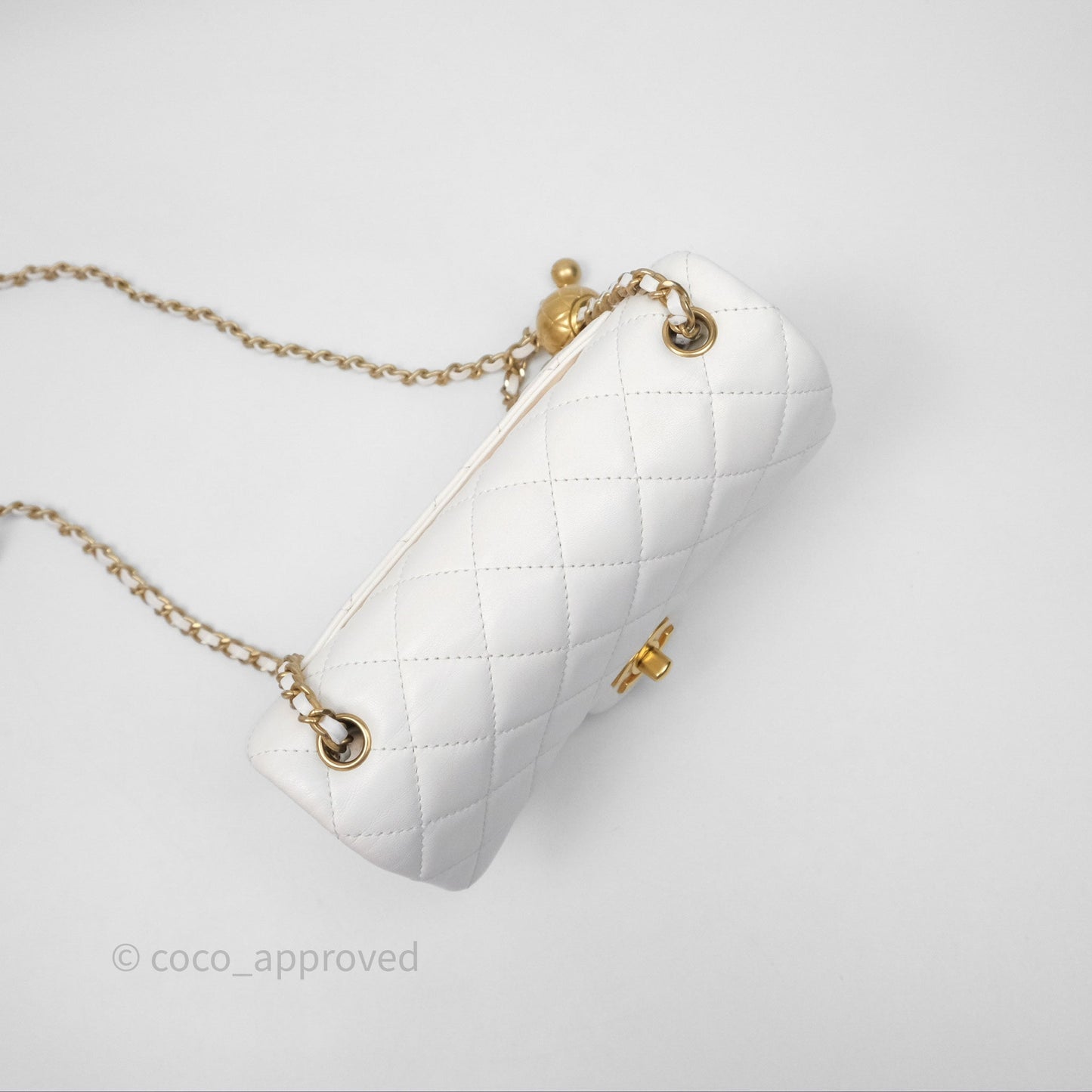 Chanel Mini Rectangular Pearl Crush Quilted White Lambskin Aged Gold Hardware