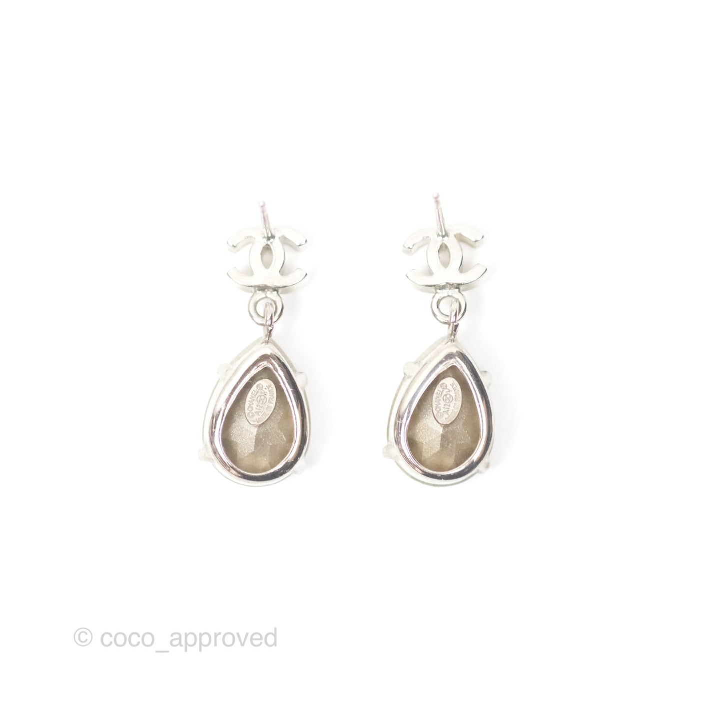 Chanel CC Rhinestone Tear Drop Earrings Silver Tone 12V