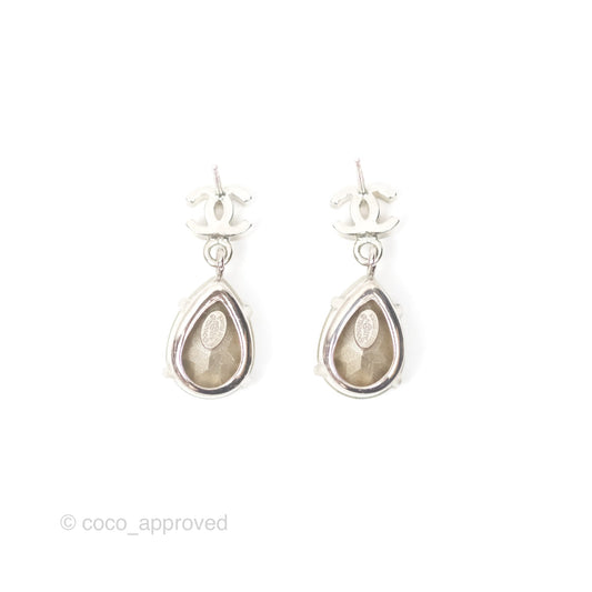 Chanel CC Rhinestone Tear Drop Earrings Silver Tone 12V