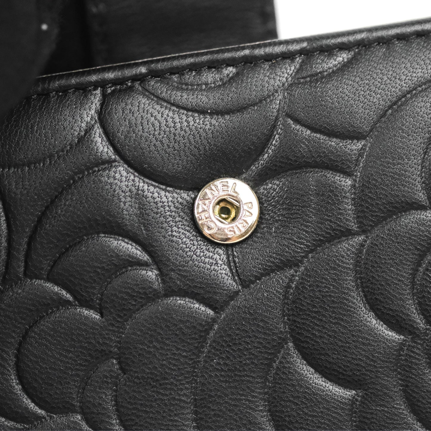 Chanel Wallet Black Camellia Embossed Lambskin Silver Hardware