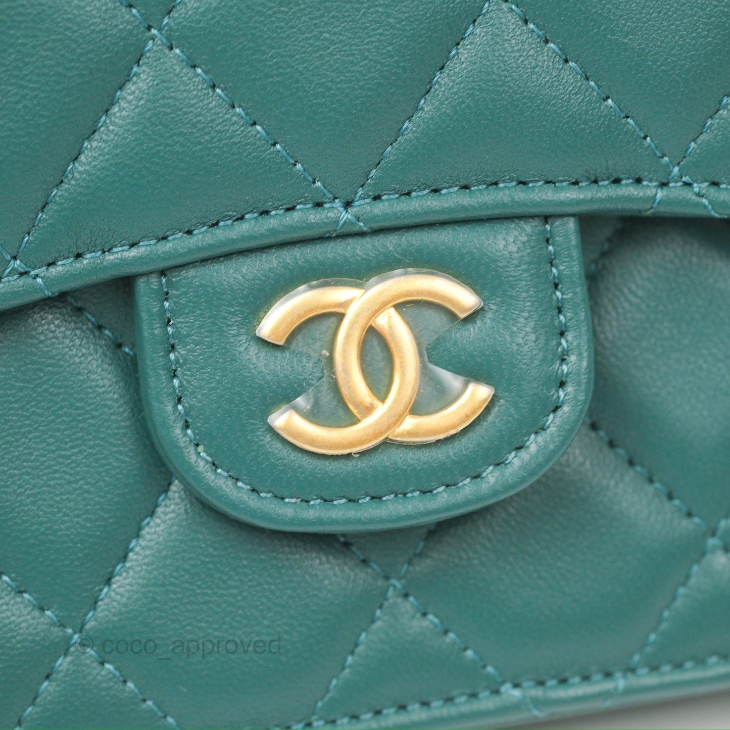 Chanel Mini Handle Flap Coin Purse With Chain Teal Green Lambskin Aged Gold Hardware