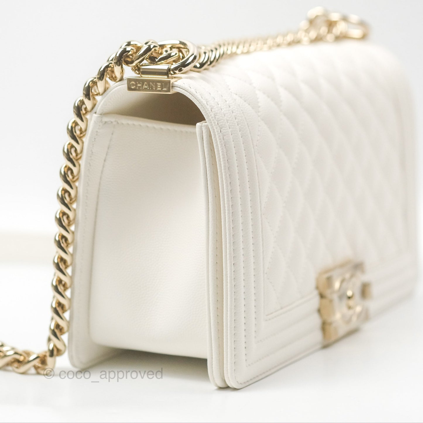 Chanel Medium Boy Quilted White Caviar Gold Hardware