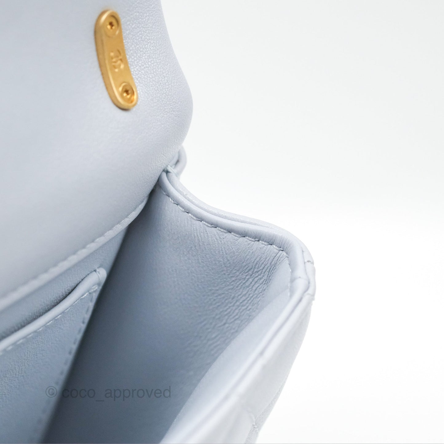 Chanel Mini Flap Bag with Pearl Chain Pearly Light Blue Lambskin Aged Gold Hardware 24P