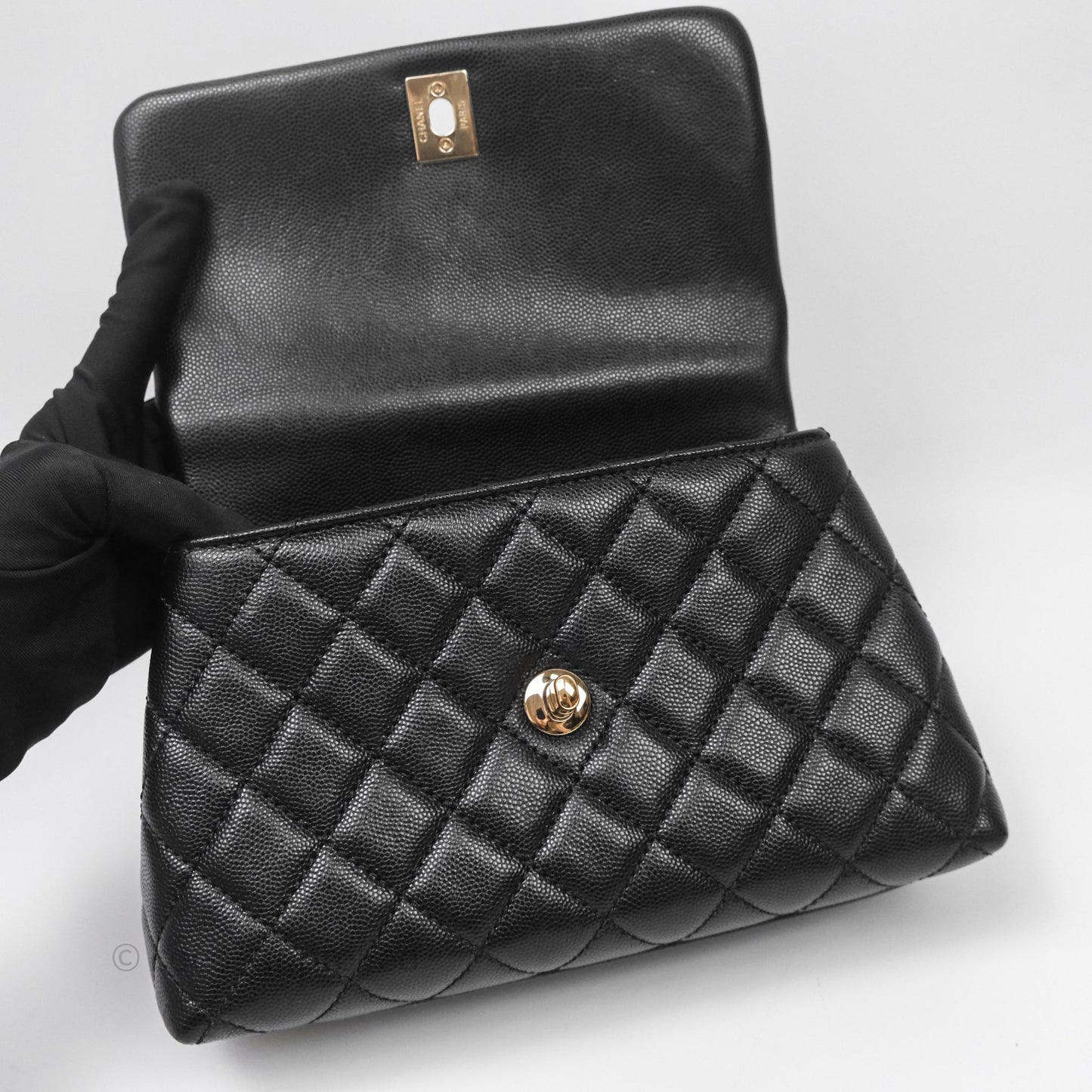 Chanel Small Coco Handle Quilted Black Caviar Aged Gold Hardware Lizard Handle