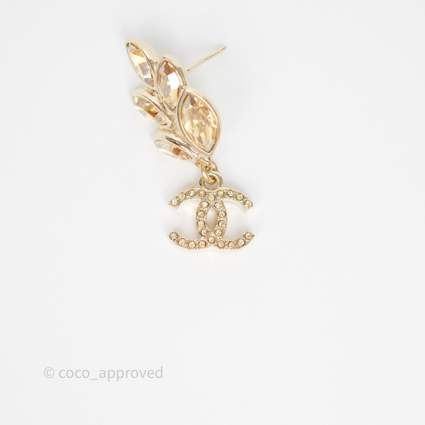 Chanel Crystal Leafy CC Earrings Gold Tone 22K