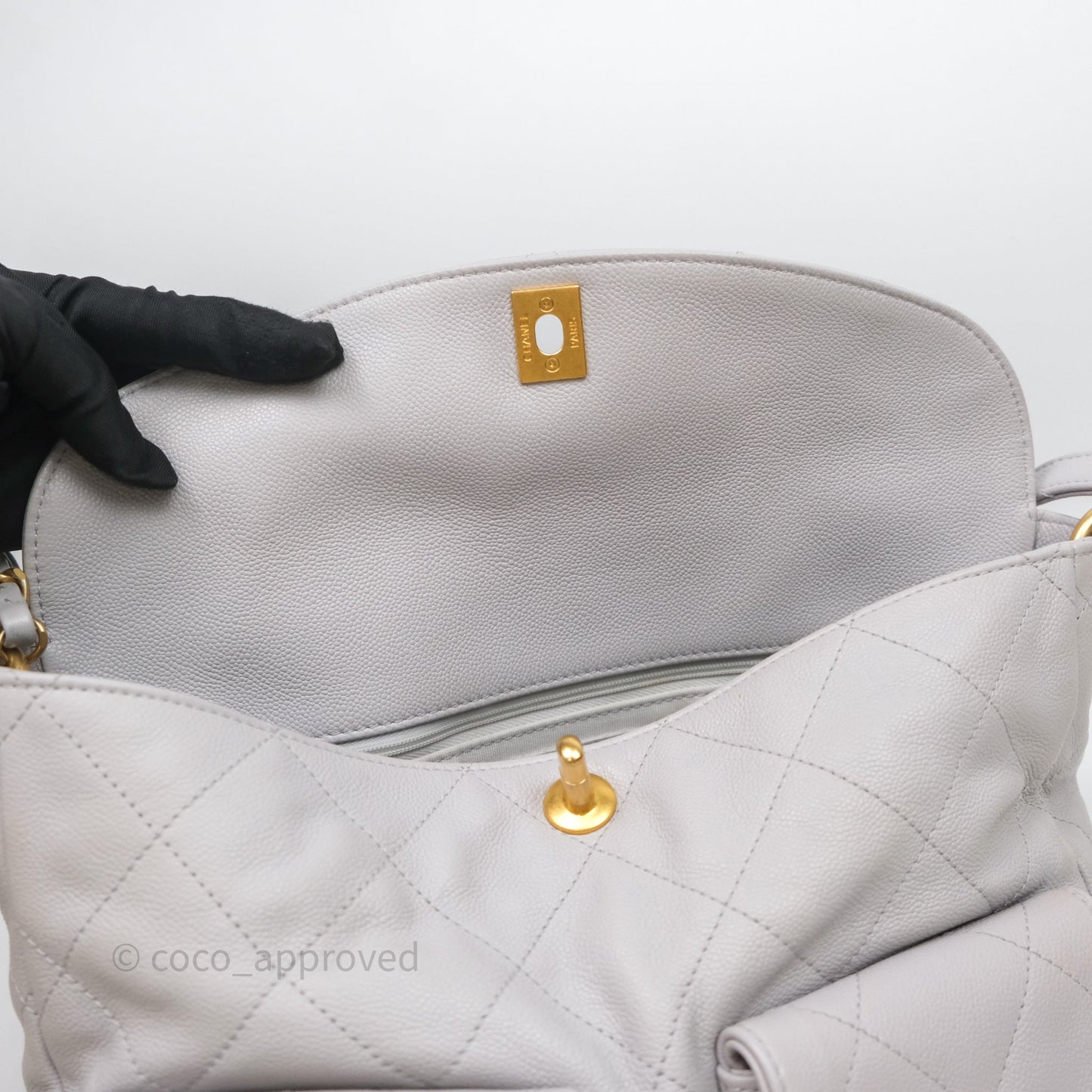 Chanel Double Pocket Hobo Bag Grey Caviar Aged Gold Hardware
