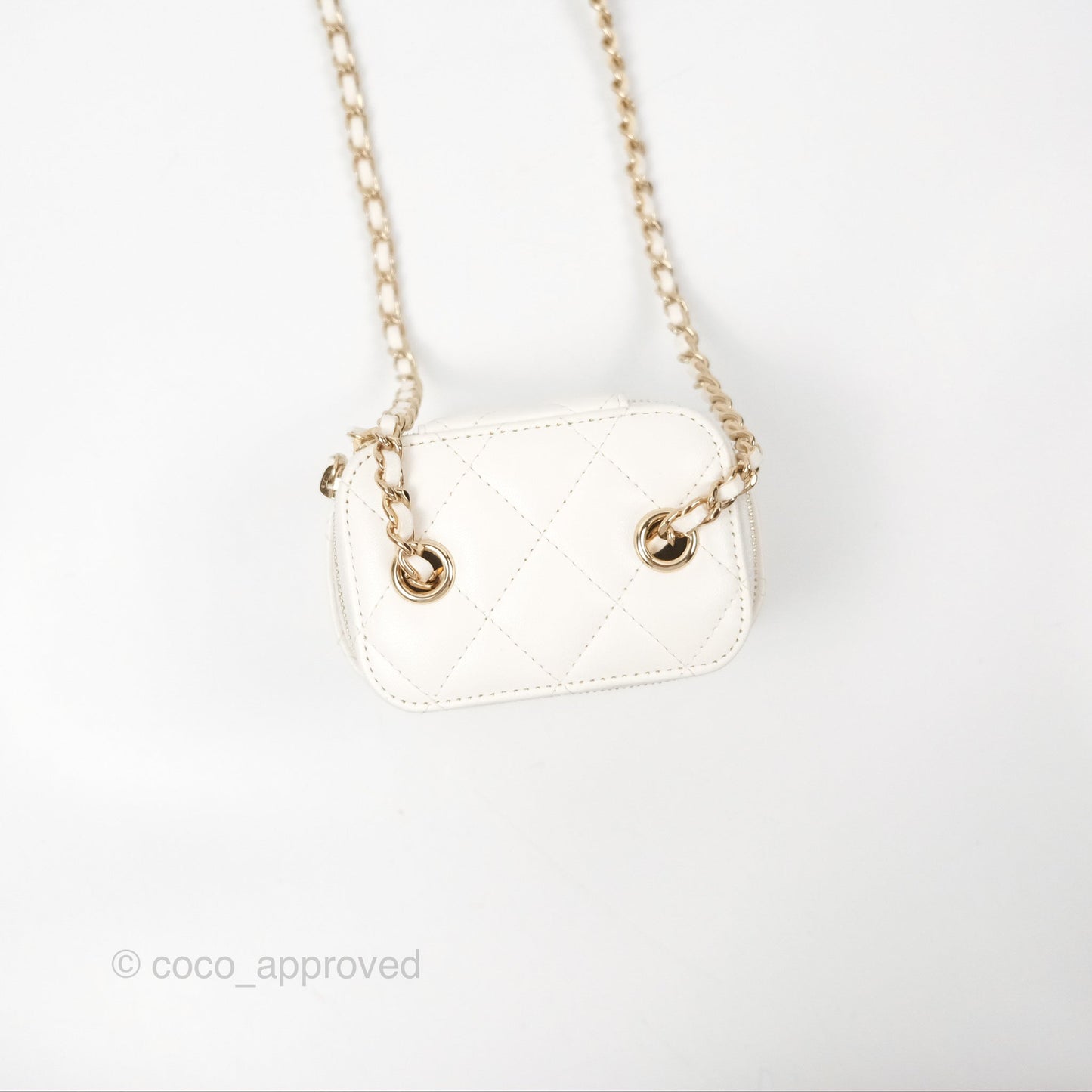 Chanel Camellia White Quilted Lambskin Mini Vanity with Chain Gold Hardware