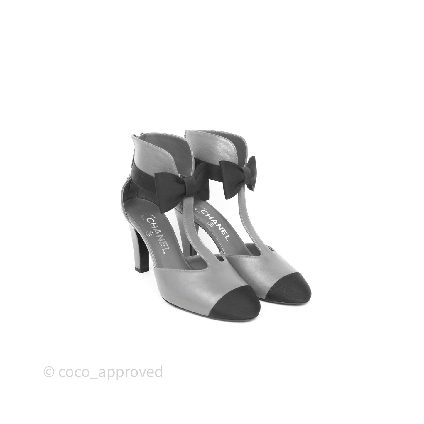 Chanel Cap Toe Bow Ankle-cuff Sandals Grey Black Lambskin