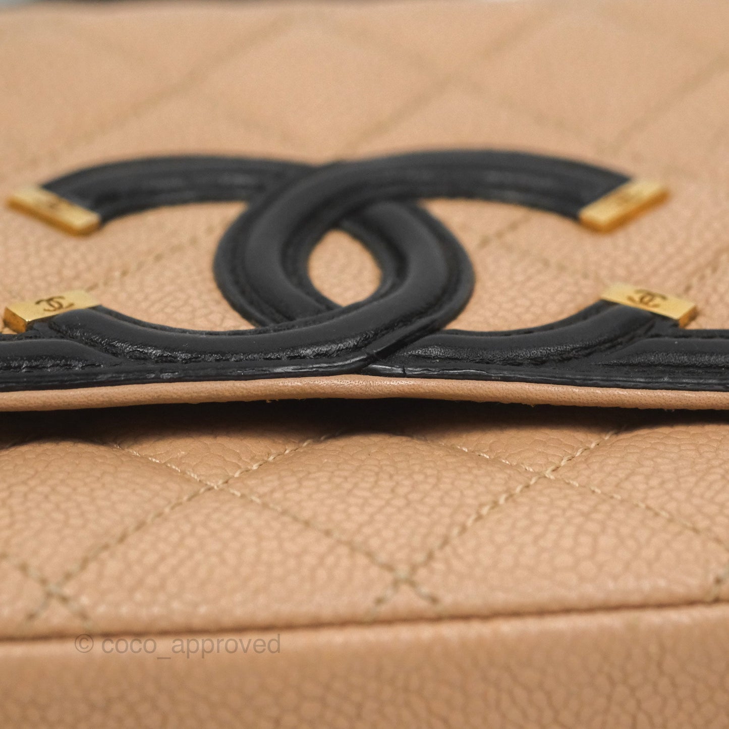 Chanel Small CC Filigree Flap Quilted Beige Black Caviar