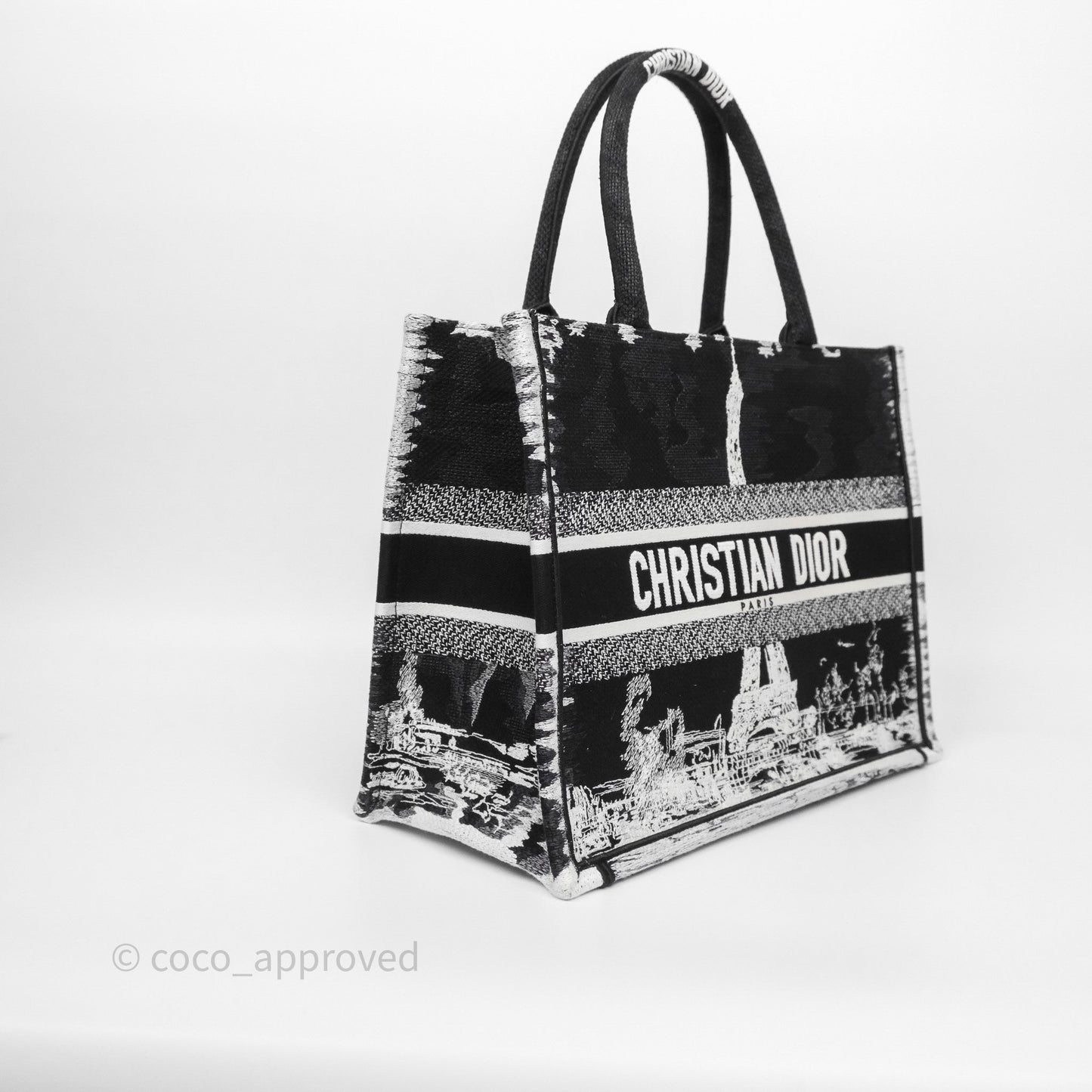 Dior Medium Book Tote Paris Embroidered Black White