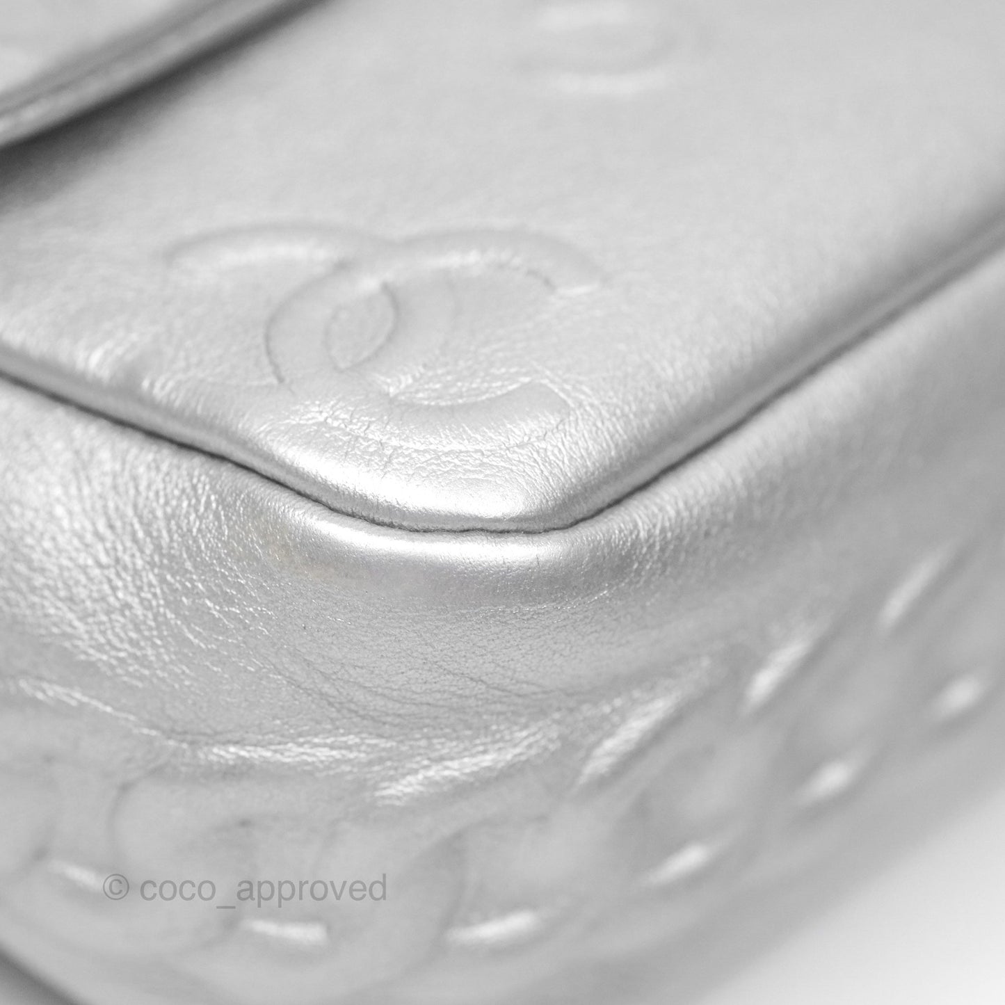 Chanel Medium Single Flap Embossed Metallic Silver Lambskin Ruthenium Hardware