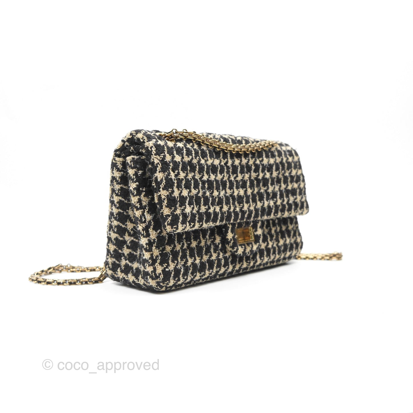Chanel Reissue 225 Flap Houndstooth Beige Black Fabric Antique Gold Hardware
