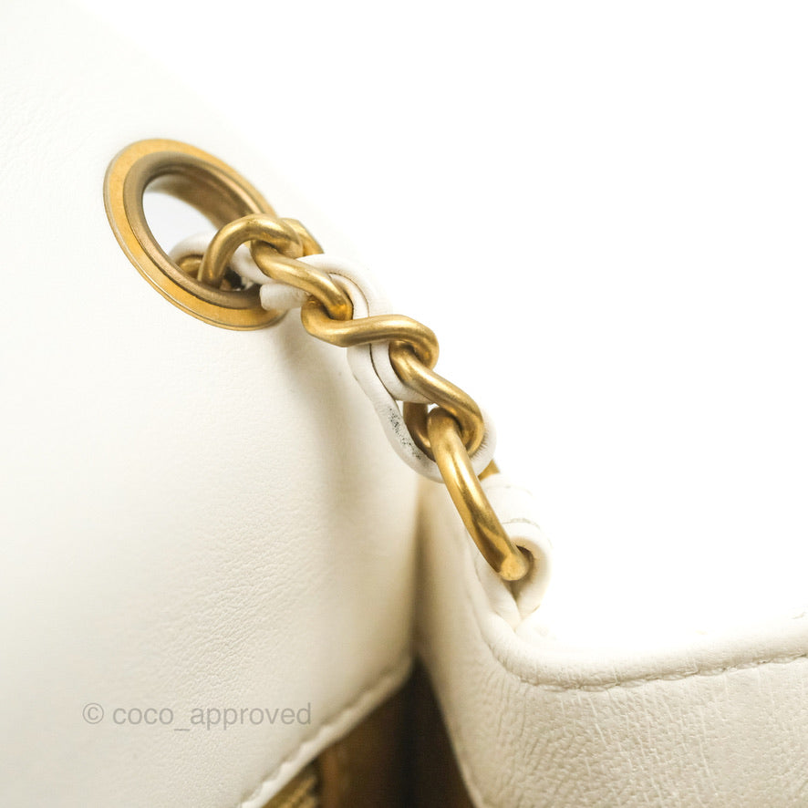 Chanel Mini Square Pearl Crush Quilted White Lambskin Aged Gold Hardware