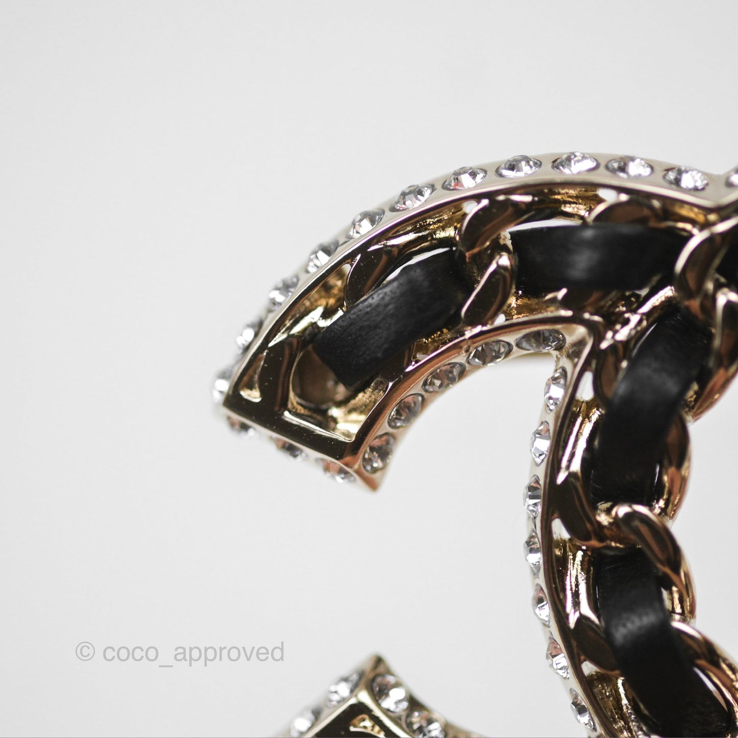 Chanel CC Crystal Braided Leather Black Brooch Gold Tone 24V