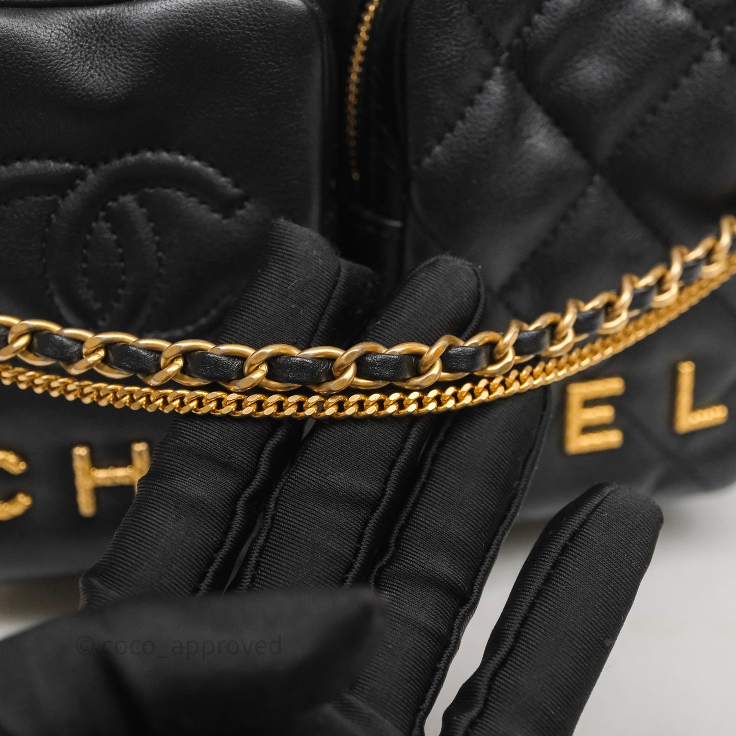 Chanel Small Camera Case Quilted Black Calfskin Aged Gold Hardware 22C