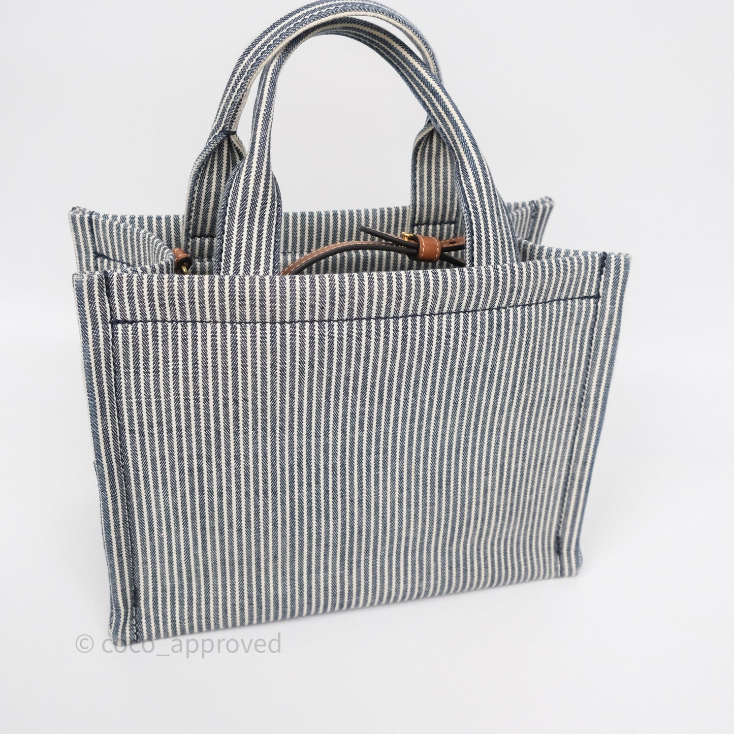 Celine Small Triomphe Cabas Thais Navy Blue Striped Canvas Tan Calfskin