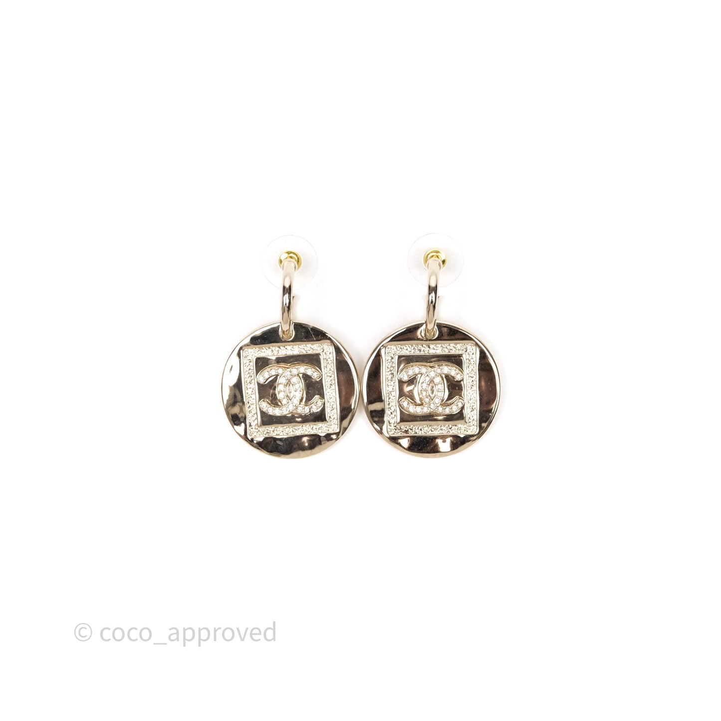 Chanel Crystals CC Round Drop Earrings Gold Tone 23P