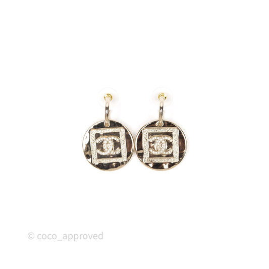 Chanel Crystals CC Round Drop Earrings Gold Tone 23P