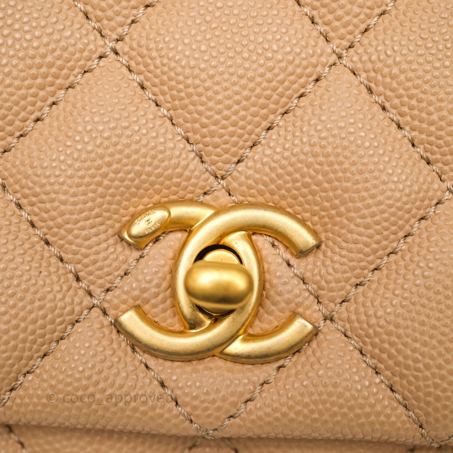 Chanel Small Coco Handle Quilted Beige Caviar Gold Hardware Lizard Handle