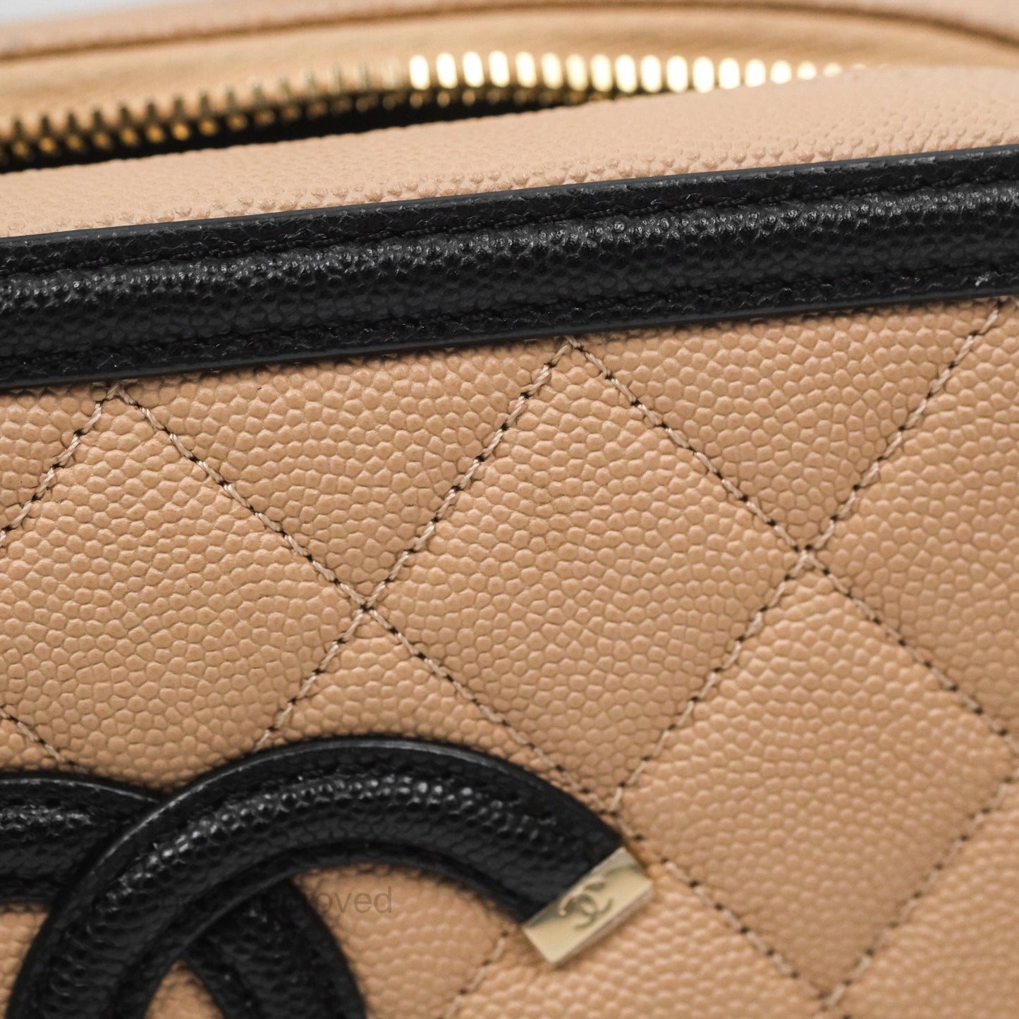 Chanel Quilted New Small CC Filigree Vanity Case Beige Caviar Gold Hardware