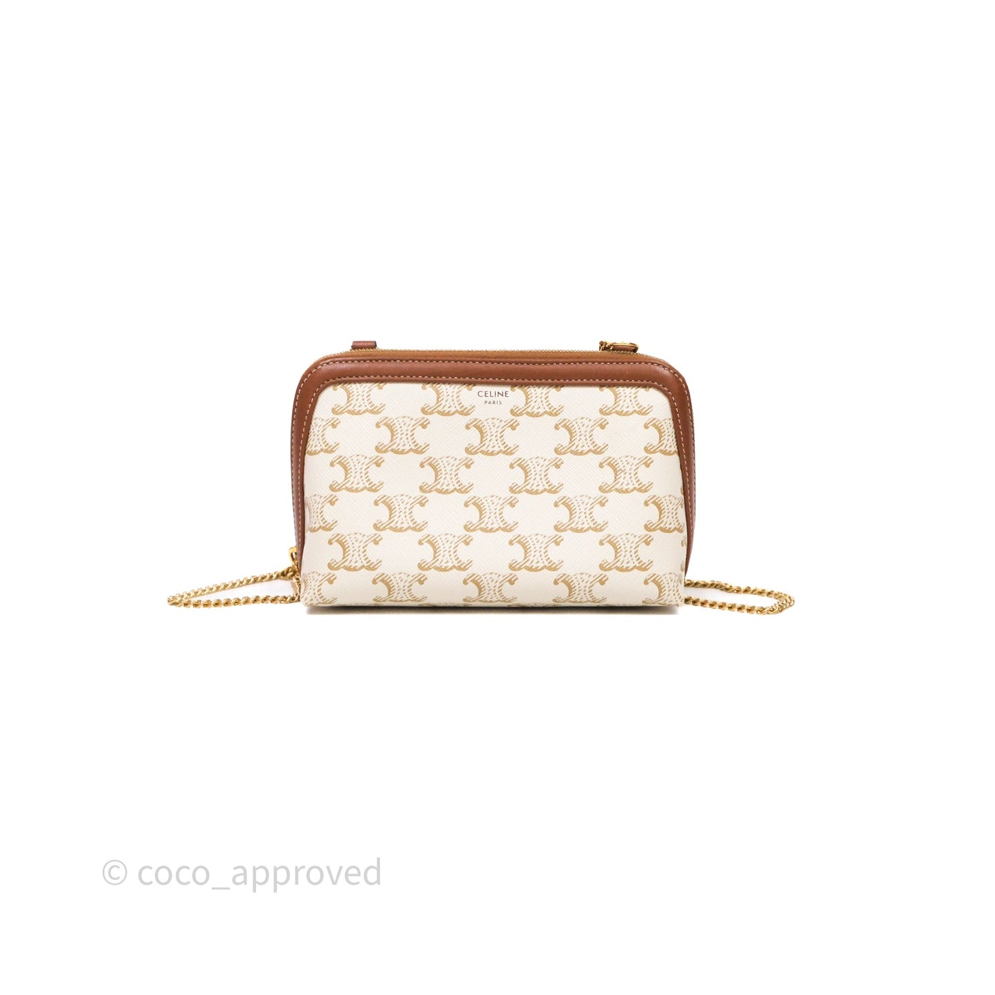 Celine Clutch With Chain Triomphe Canvas Lambskin White/Tan